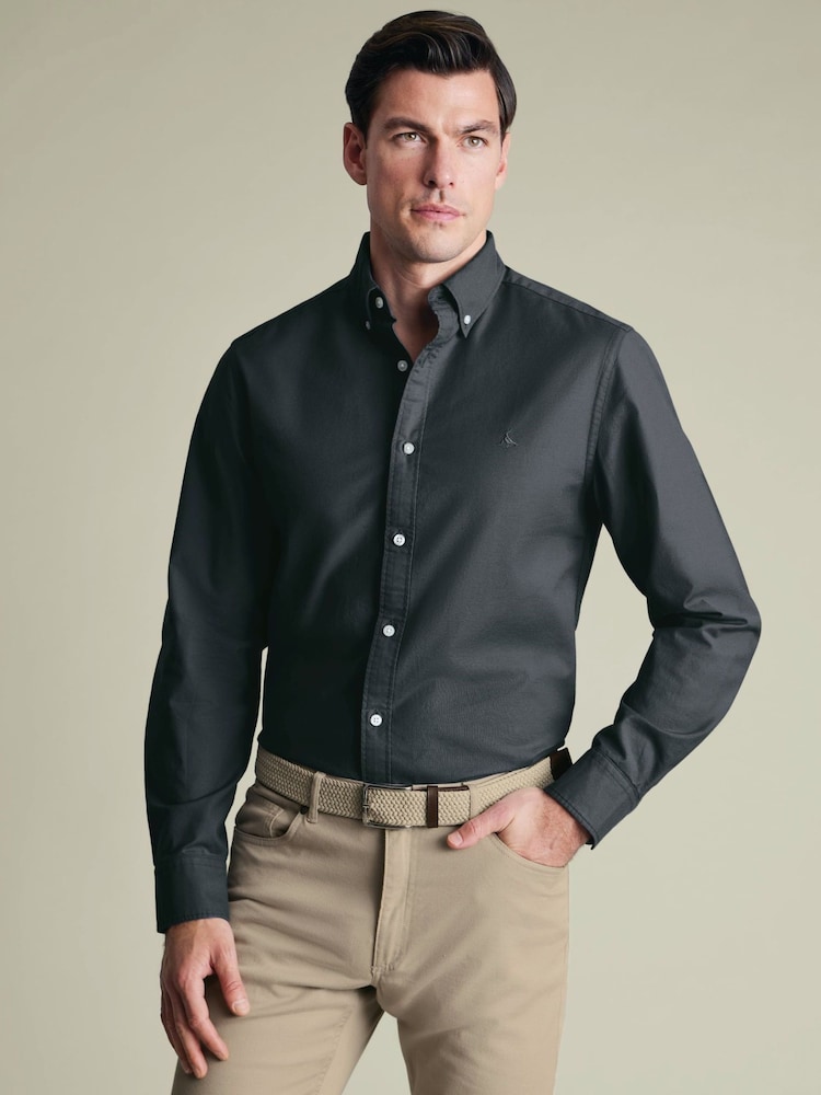 Charles Tyrwhitt Grey Plain Button-Down Stretch Washed Oxford Shirt - Image 2 of 6