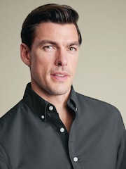 Charles Tyrwhitt Grey Plain Button-Down Stretch Washed Oxford Shirt - Image 3 of 6