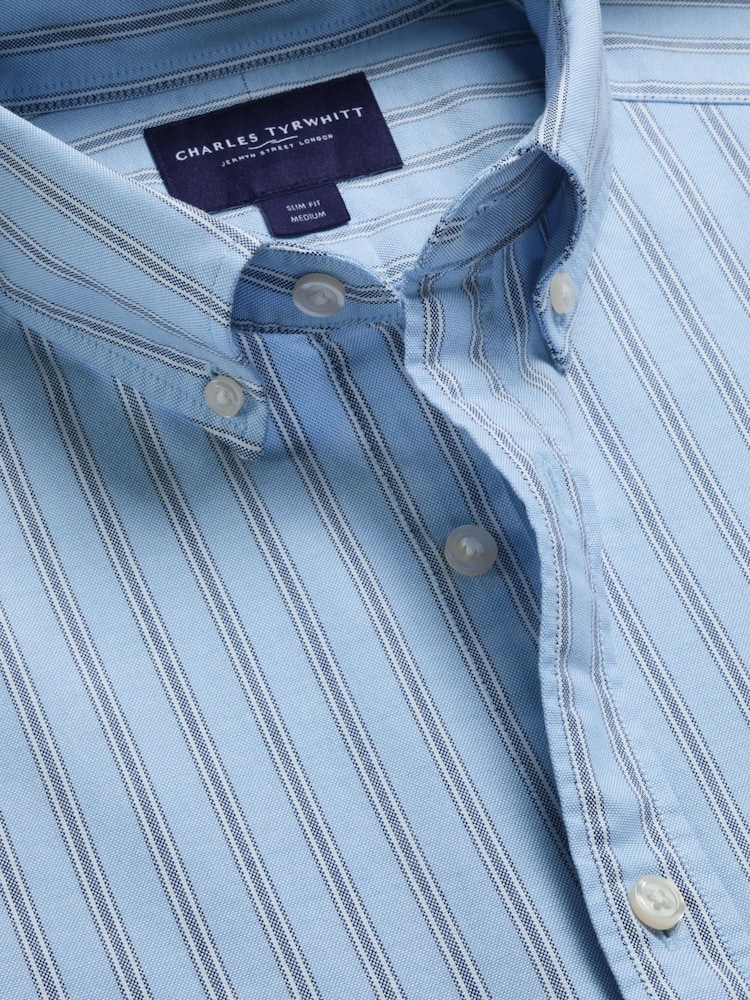 Charles Tyrwhitt Blue Stripe Button-Down Stretch Washed Oxford Shirt - Image 4 of 4