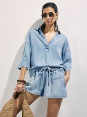 River Island Blue Elasticated Drawstring Flippy Denim Shorts - Image 1 of 4