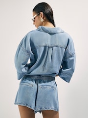 River Island Blue Elasticated Drawstring Flippy Denim Shorts - Image 4 of 4