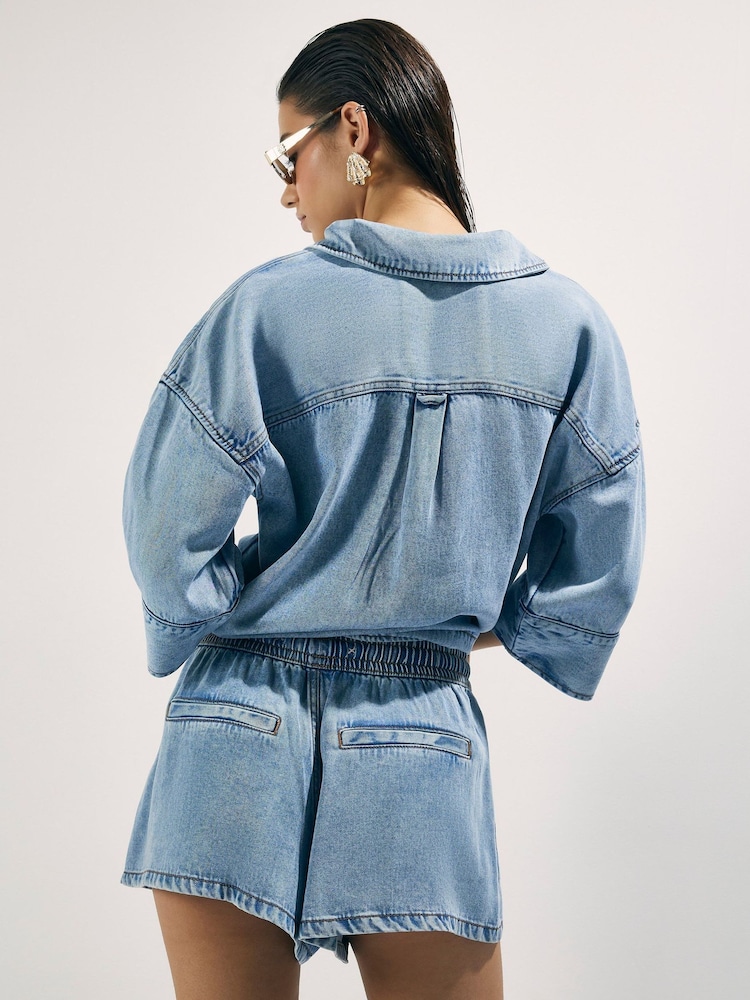 River Island Blue Elasticated Drawstring Flippy Denim Shorts - Image 4 of 4 River Island Blue Elasticated Drawstring Flippy Denim Shorts - Image 4 of 4