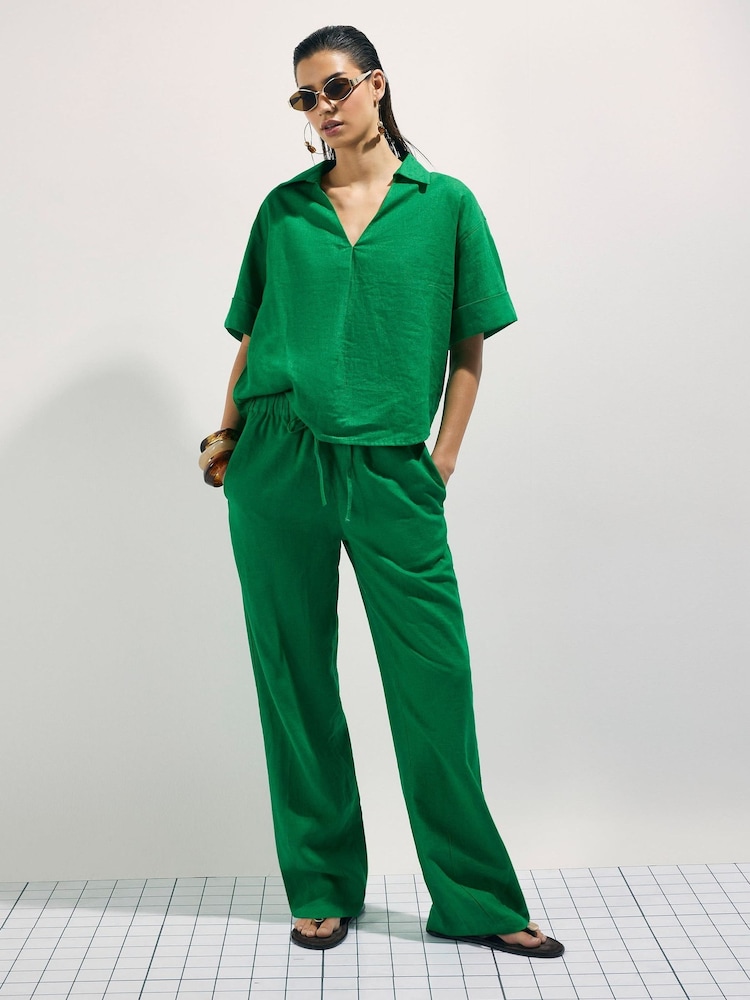 River Island Green Elasticated Linen Blend Tapered Leg Trousers - Image 1 of 4