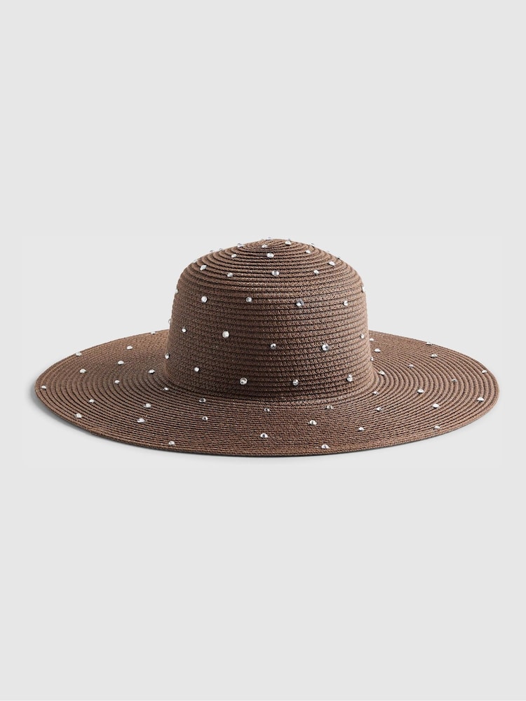 River Island Brown Embellished Oversized Floppy Hat - Image 1 of 3