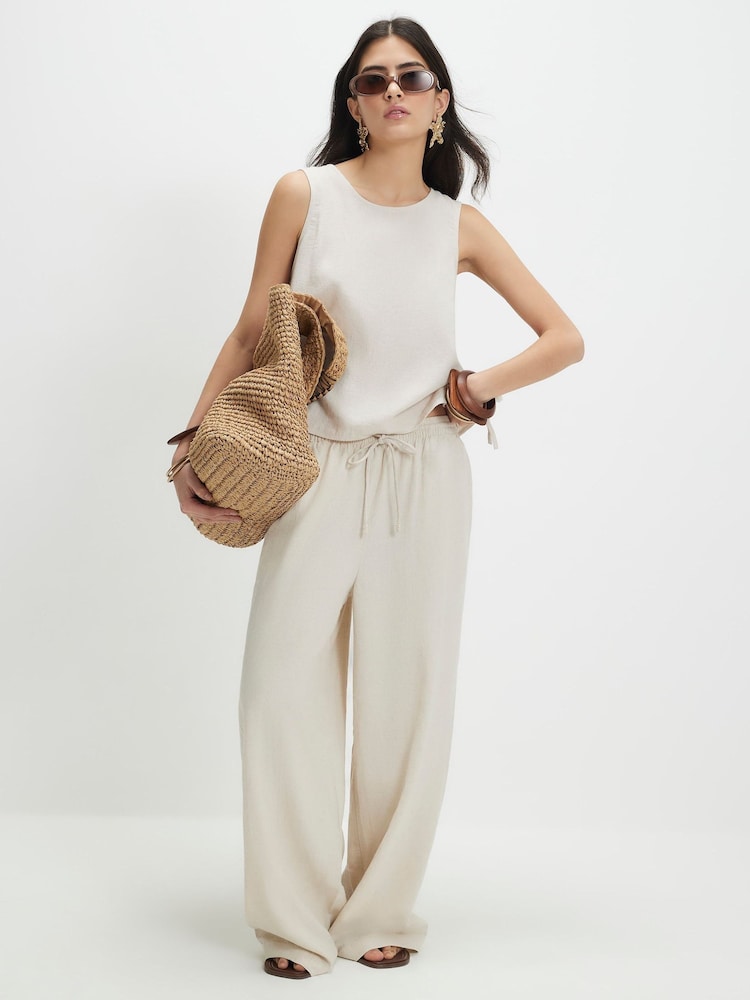 River Island Natural Petite Linen Blend Wide Leg Trousers - Image 1 of 4