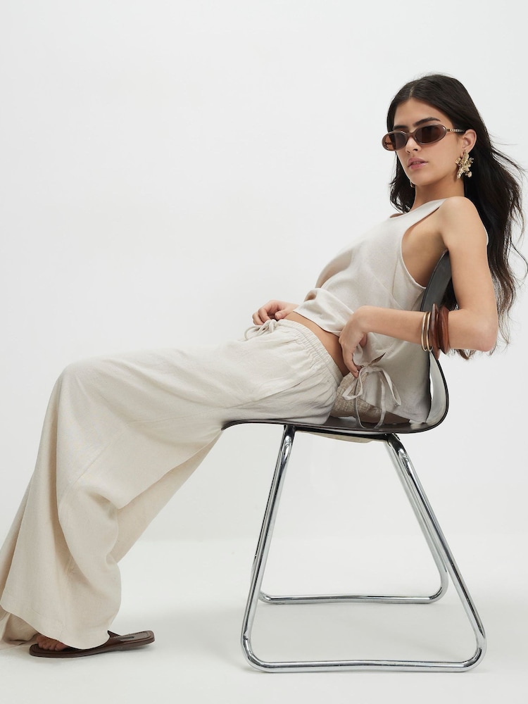 River Island Natural Petite Linen Blend Wide Leg Trousers - Image 2 of 4