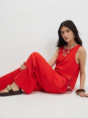 River Island Red Petite Linen Blend Wide Leg Trousers - Image 3 of 4