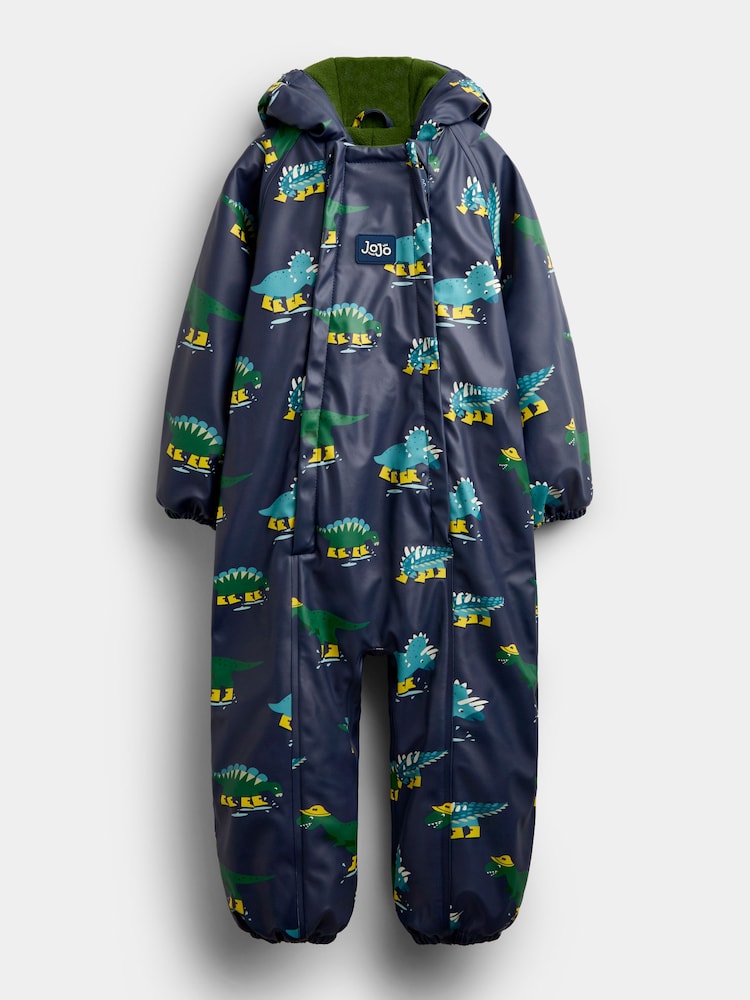 JoJo Maman Bébé Navy Dinosaur Waterproof Fleece Lined All-In-One Puddlesuit - Image 1 of 5