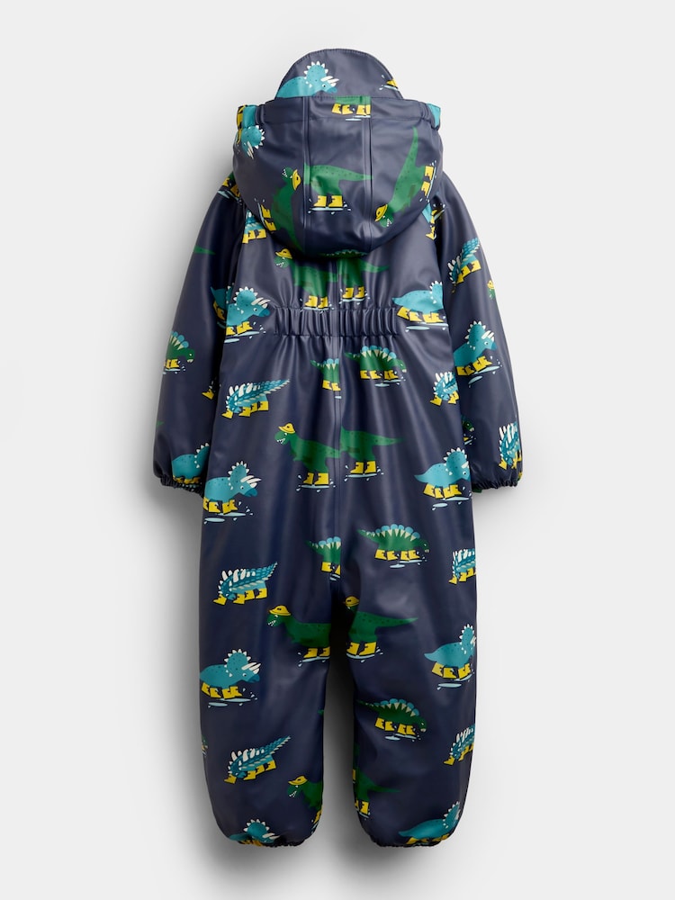 JoJo Maman Bébé Navy Dinosaur Waterproof Fleece Lined All-In-One Puddlesuit - Image 2 of 5