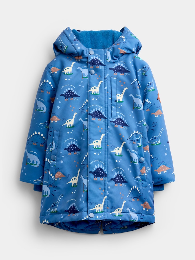 JoJo Maman Bébé Denim Blue Dinosaur Dino Print Cosy Lined Parka - Image 1 of 5