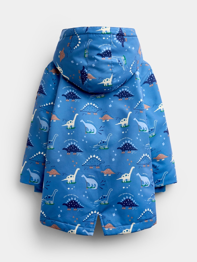 JoJo Maman Bébé Denim Blue Dinosaur Dino Print Cosy Lined Parka - Image 2 of 5