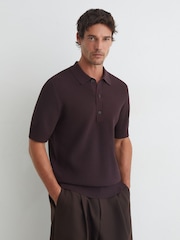 Reiss Dark Bordeaux Warren Cotton-Blend Basket-Stitch Polo Shirt - Image 1 of 6
