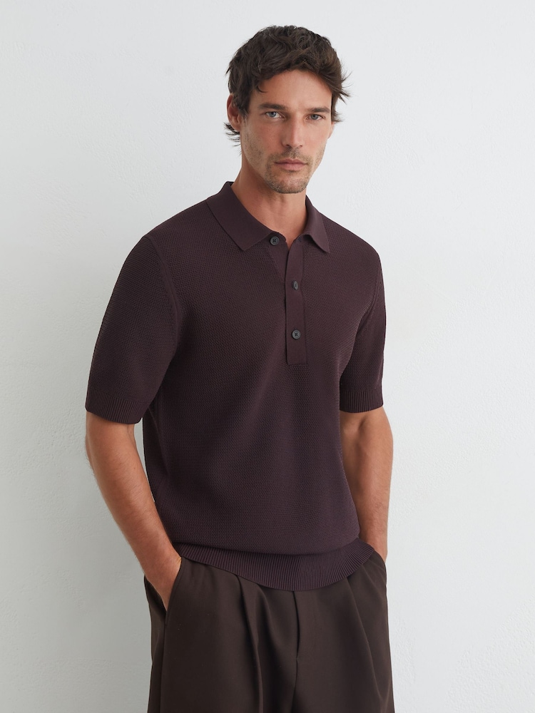 Reiss Dark Bordeaux Warren Cotton-Blend Basket-Stitch Polo Shirt - Image 1 of 6