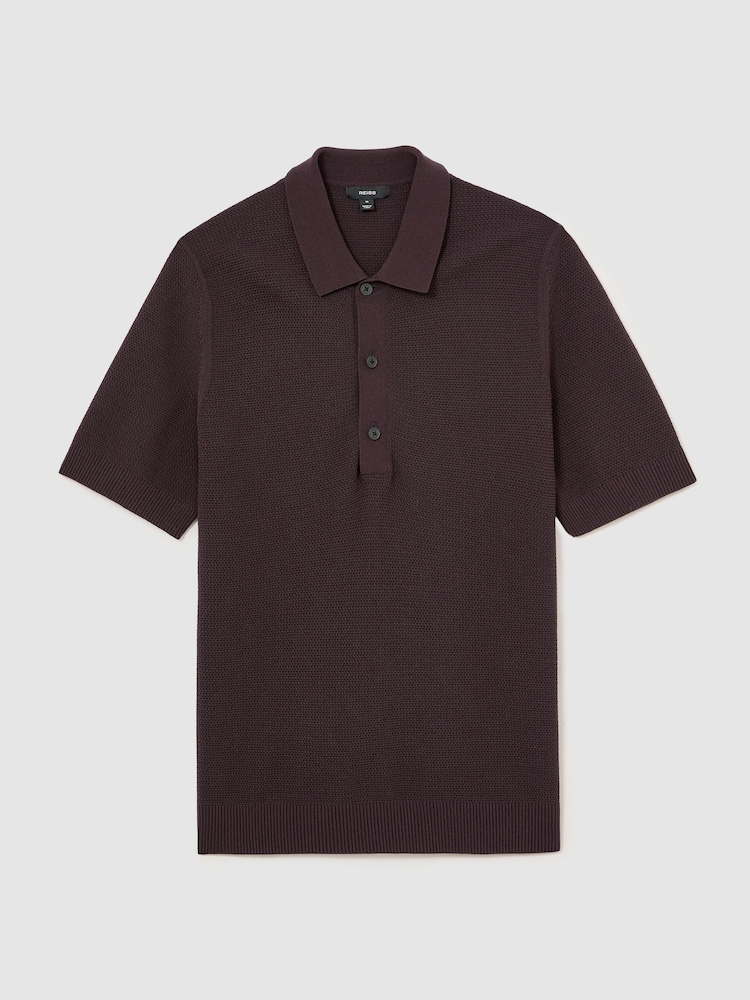 Reiss Dark Bordeaux Warren Cotton-Blend Basket-Stitch Polo Shirt - Image 2 of 6