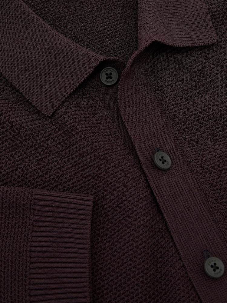 Reiss Dark Bordeaux Warren Cotton-Blend Basket-Stitch Polo Shirt - Image 6 of 6