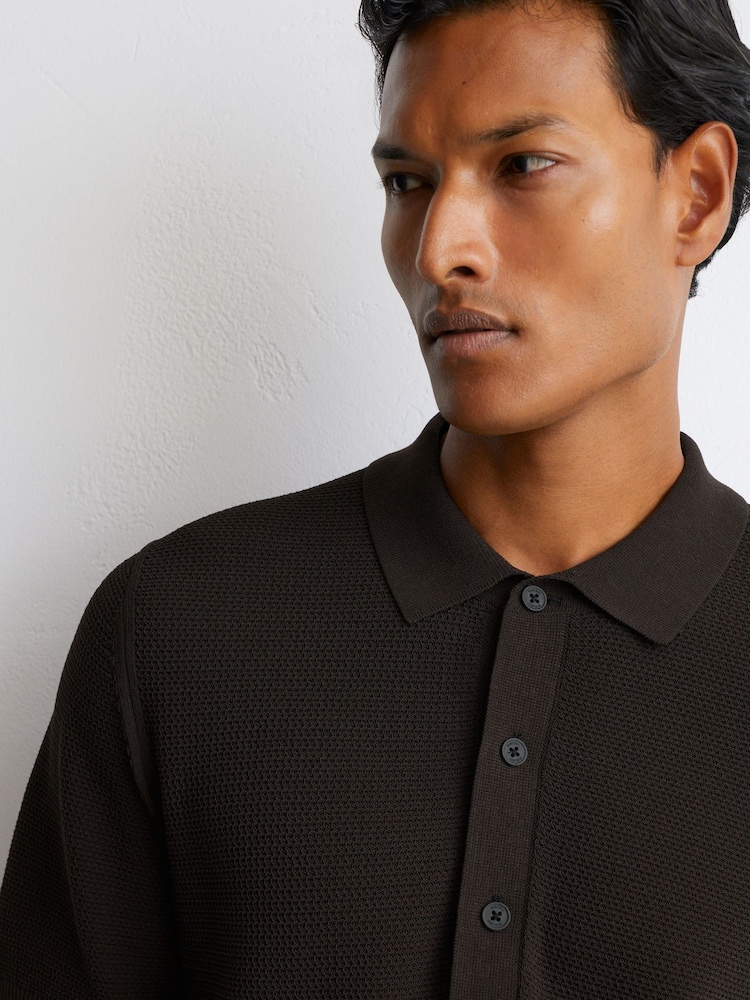 Reiss Chocolate Brown Warren Cotton-Blend Basket-Stitch Polo Shirt - Image 1 of 7