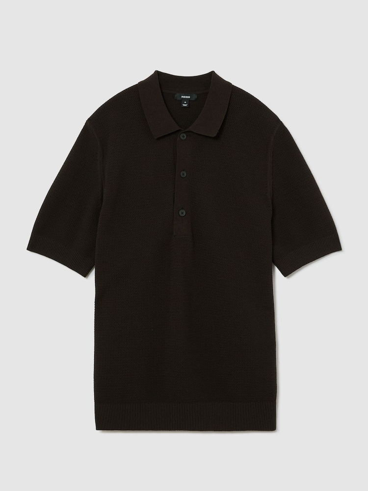 Reiss Chocolate Brown Warren Cotton-Blend Basket-Stitch Polo Shirt - Image 2 of 7