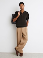 Reiss Chocolate Brown Warren Cotton-Blend Basket-Stitch Polo Shirt - Image 3 of 7