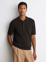 Reiss Chocolate Brown Warren Cotton-Blend Basket-Stitch Polo Shirt - Image 4 of 7