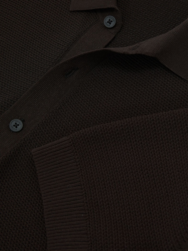 Reiss Chocolate Brown Warren Cotton-Blend Basket-Stitch Polo Shirt - Image 7 of 7
