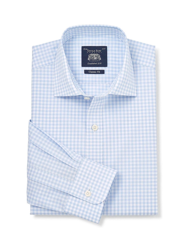 أزرق - Savile Row Company Gingham Check Classic Fit Cotton Single Cuff Formal Shirt - Image 1 of 3