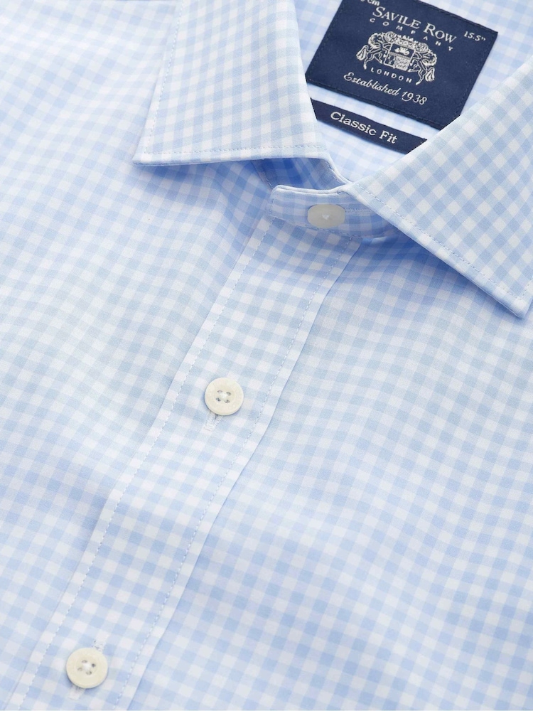 أزرق - Savile Row Company Gingham Check Classic Fit Cotton Single Cuff Formal Shirt - Image 2 of 3