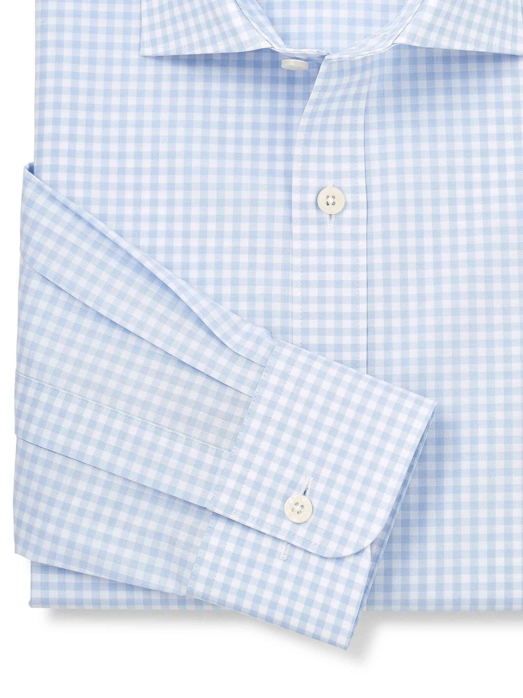 أزرق - Savile Row Company Gingham Check Classic Fit Cotton Single Cuff Formal Shirt - Image 3 of 3