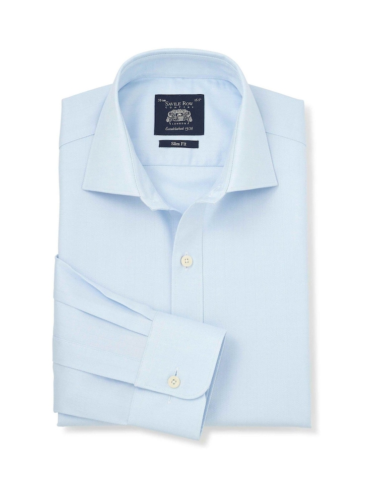 Bleu - Savile Row Company Slim Fit Cotton Herringbone Single Cuff Formal Shirt - Image 1 sur 3