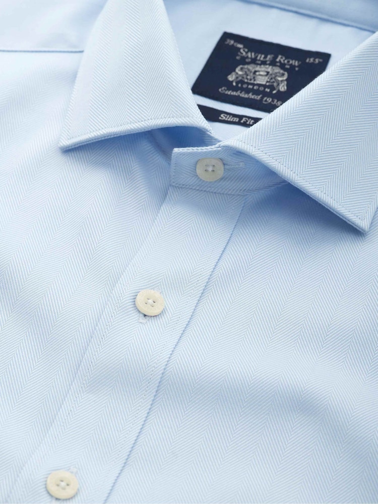 Savile Row Company Pale Blue Slim Fit Cotton Herringbone Single Cuff Formal Shirt - Image 4 of 4