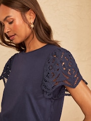 Love & Roses Navy Petite Broderie Short Sleeve T-Shirt - Image 2 of 4