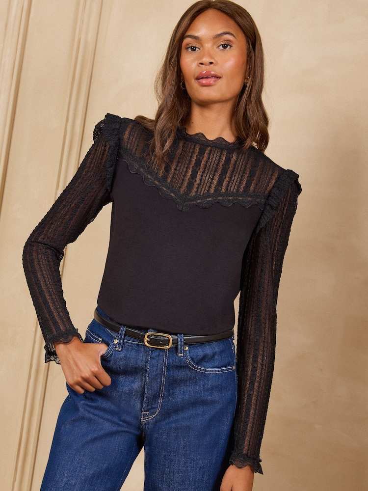 Love & Roses Black Petite Lace Yoke and Sleeve Jersey Top - Image 1 of 4 Love & Roses Black Petite Lace Yoke and Sleeve Jersey Top - Image 1 of 4
