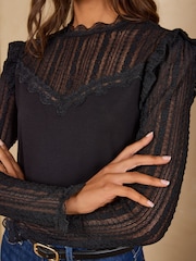 Love & Roses Black Petite Lace Yoke and Sleeve Jersey Top - Image 2 of 4