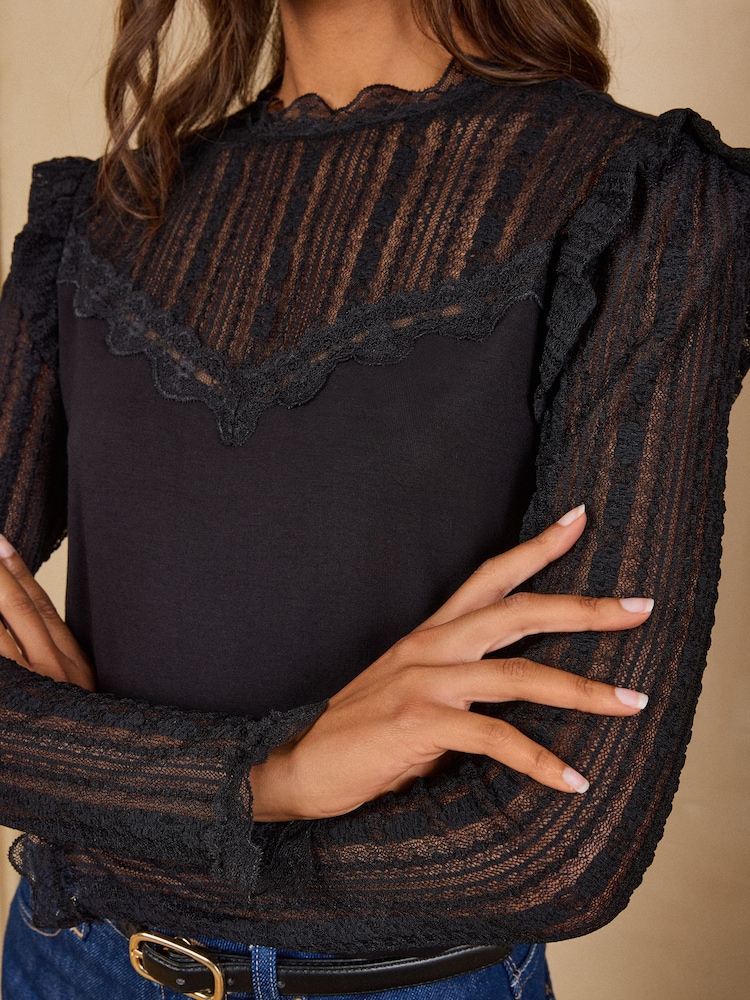 Love & Roses Black Petite Lace Yoke and Sleeve Jersey Top - Image 2 of 4 Love & Roses Black Petite Lace Yoke and Sleeve Jersey Top - Image 2 of 4