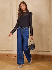 Love & Roses Black Petite Lace Yoke and Sleeve Jersey Top - Image 3 of 4