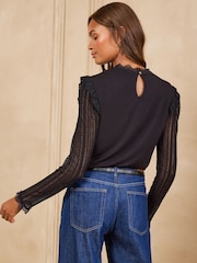 Love & Roses Black Petite Lace Yoke and Sleeve Jersey Top - Image 4 of 4