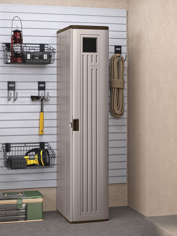 Suncast Platinum Matallic Haven Tall Garden Storage Locker - Image 1 of 5 Suncast Platinum Matallic Haven Tall Garden Storage Locker - Image 1 of 5