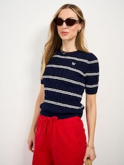Crew Clothing Blue Summer Heritage Cable Knit Striped T-Shirt - Image 1 of 5