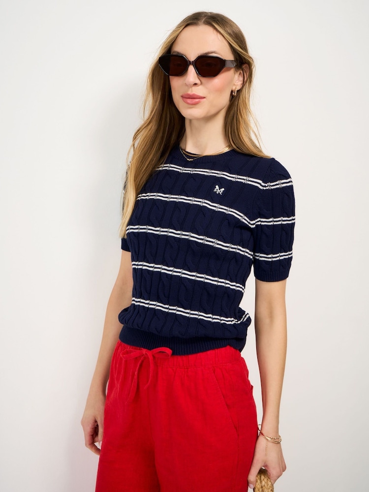 Crew Clothing Blue Summer Heritage Cable Knit Striped T-Shirt - Image 1 of 5