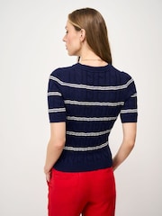 Crew Clothing Blue Summer Heritage Cable Knit Striped T-Shirt - Image 2 of 5
