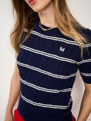 Crew Clothing Blue Summer Heritage Cable Knit Striped T-Shirt - Image 4 of 5