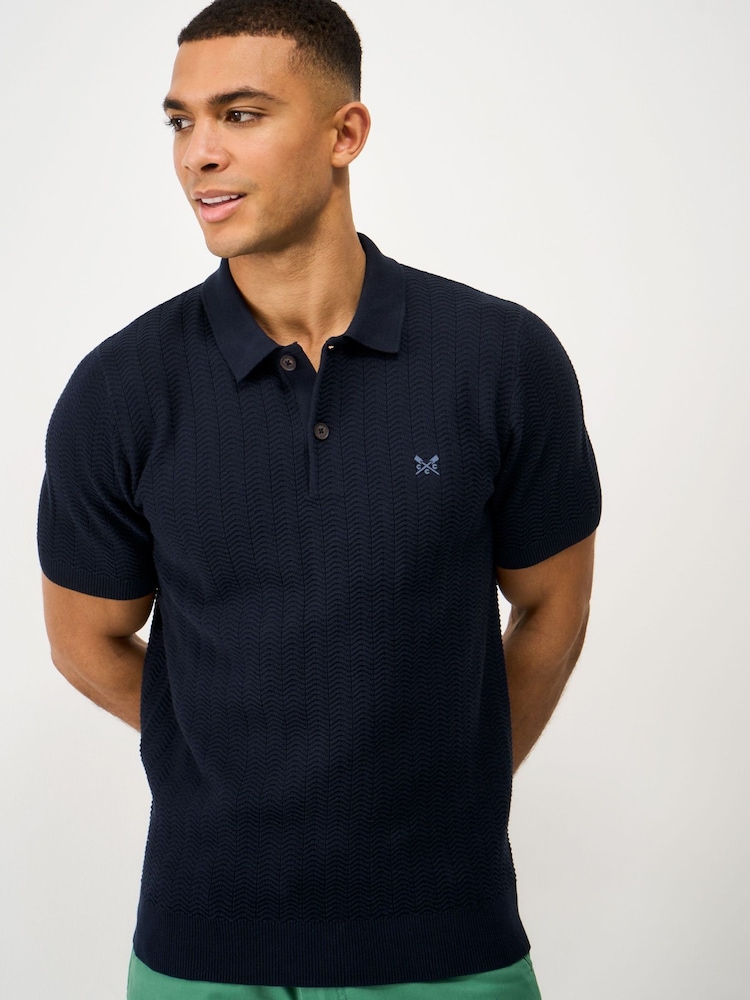 Crew Clothing Blue Herringbone Knitted Polo Shirt - Image 1 of 5