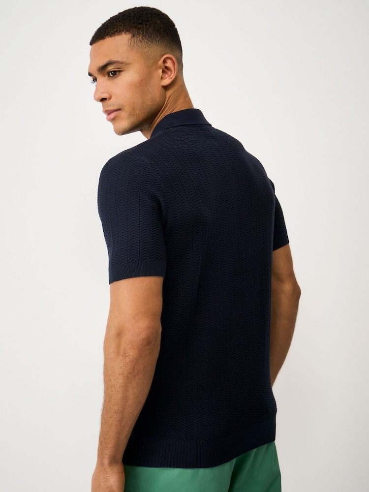 Crew Clothing Blue Herringbone Knitted Polo Shirt - Image 2 of 5