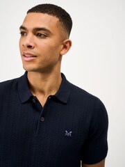 Crew Clothing Blue Herringbone Knitted Polo Shirt - Image 4 of 5