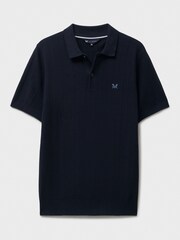 Crew Clothing Blue Herringbone Knitted Polo Shirt - Image 5 of 5