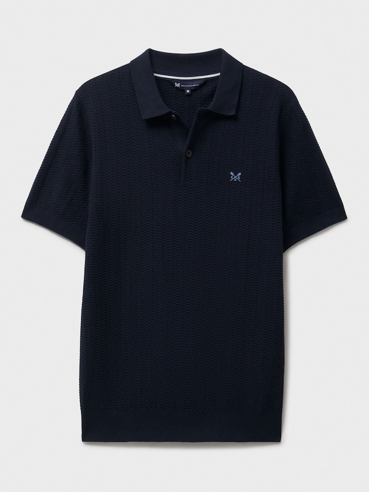 Crew Clothing Blue Herringbone Knitted Polo Shirt - Image 5 of 5