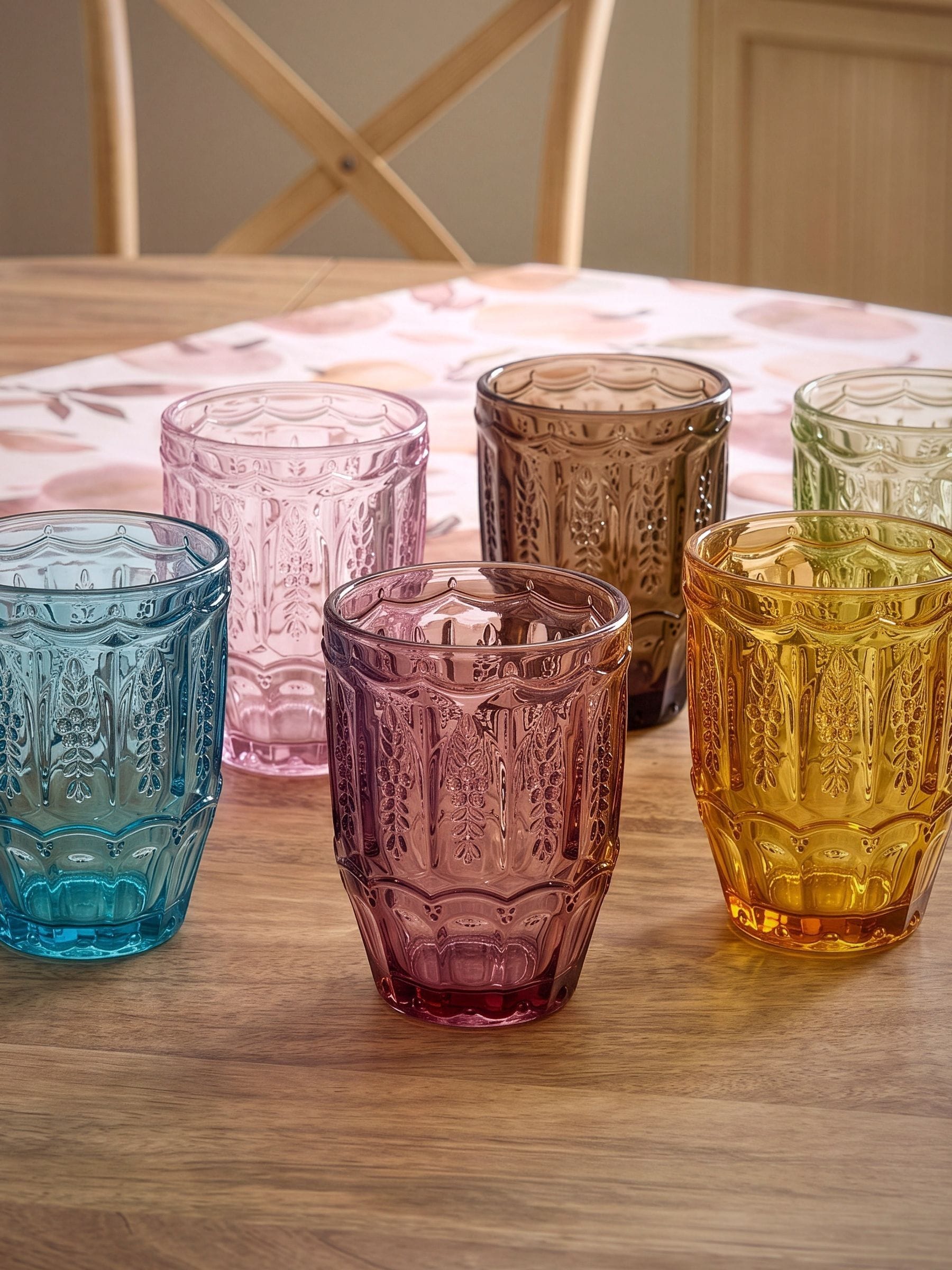 B&Q - Set Of 6 Roselle Multicoloured Floral Embossed Tumblers 280MlChristmas Party Glassware Gift - Image 1