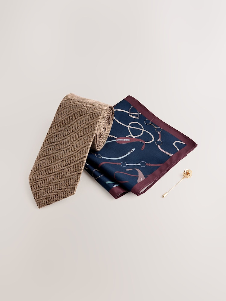 Brown Tie Pocket and Square and Metal Pin Set - Image 1 of 4 Brown Tie Pocket and Square and Metal Pin Set - Image 1 of 4