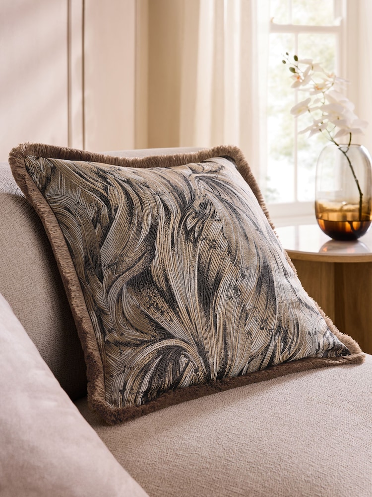 Brown 50 X 50cm Metallic Swirl Fringe Cushion - Image 1 of 4