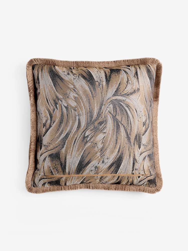 Brown 50 X 50cm Metallic Swirl Fringe Cushion - Image 4 of 4