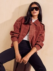 Friends Like These Brick Red Faux Suede Oversize Bomber Jacket - Image 3 of 5